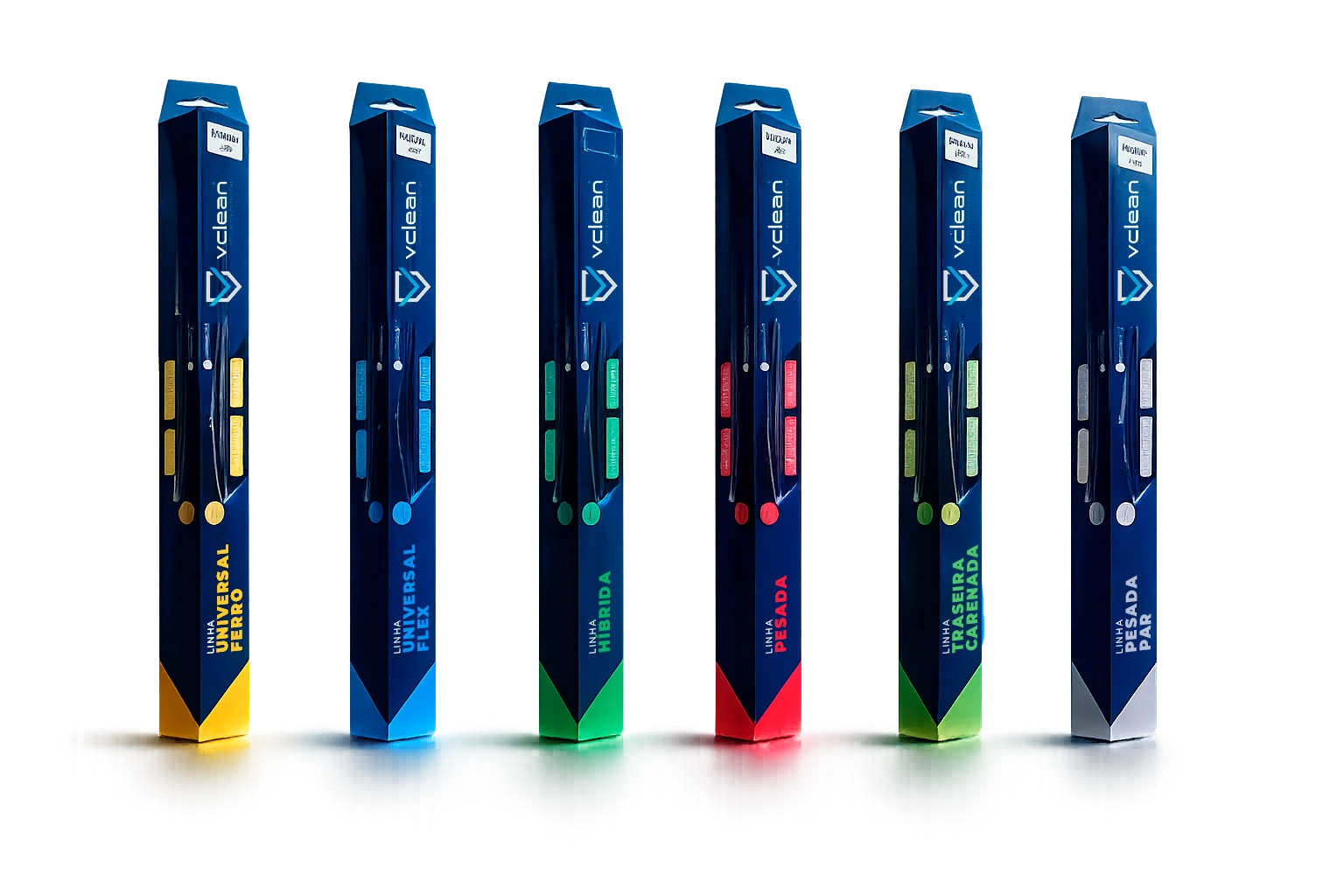 As seis linhas VClean lado a lado, cada embalagem iluminada pela sua cor-código: o verde identifica a Híbrida