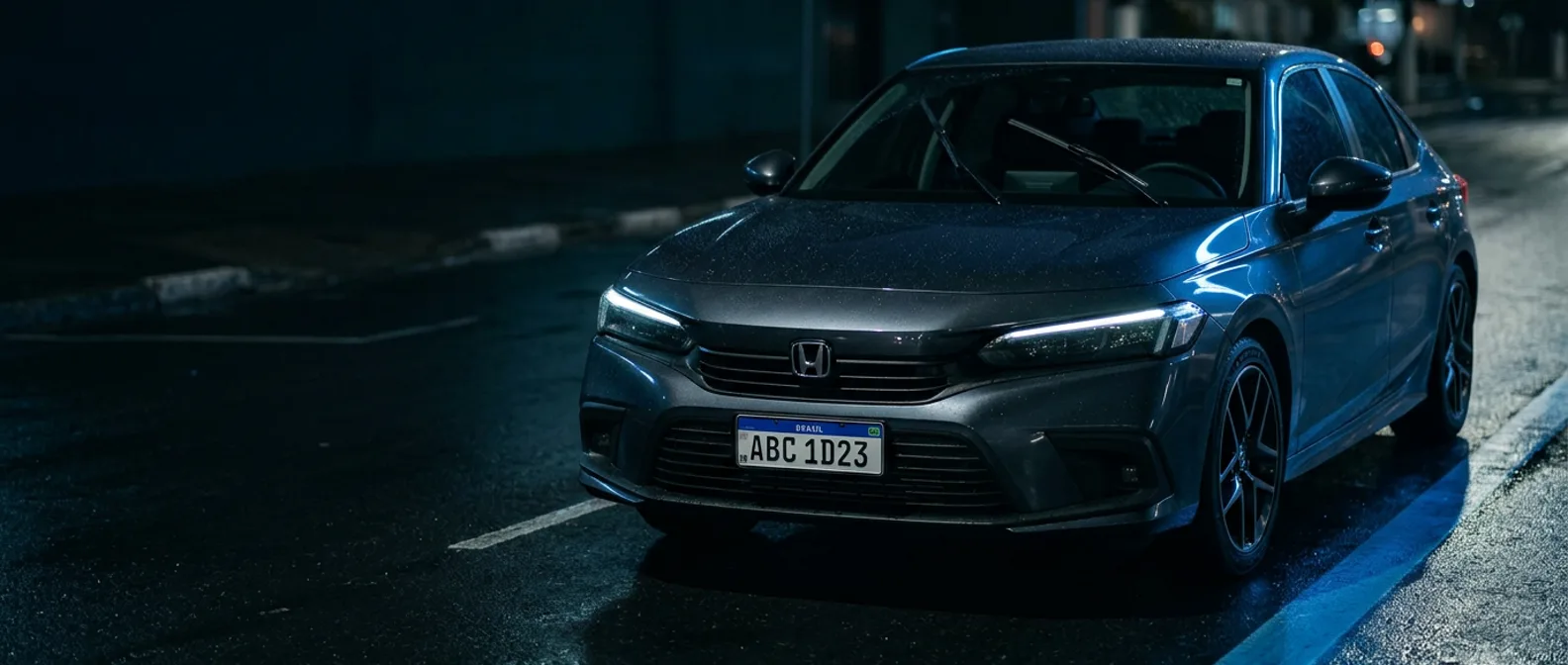 Honda Civic em rua molhada à noite, para-brisa recém-limpo: aplicação típica da Linha Específica