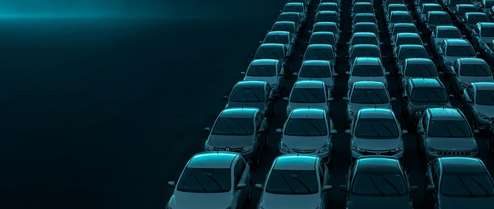 Vista aérea de pátio com centenas de carros de marcas diferentes estacionados à noite: a cobertura de 99% da frota atendida pela Linha Exact