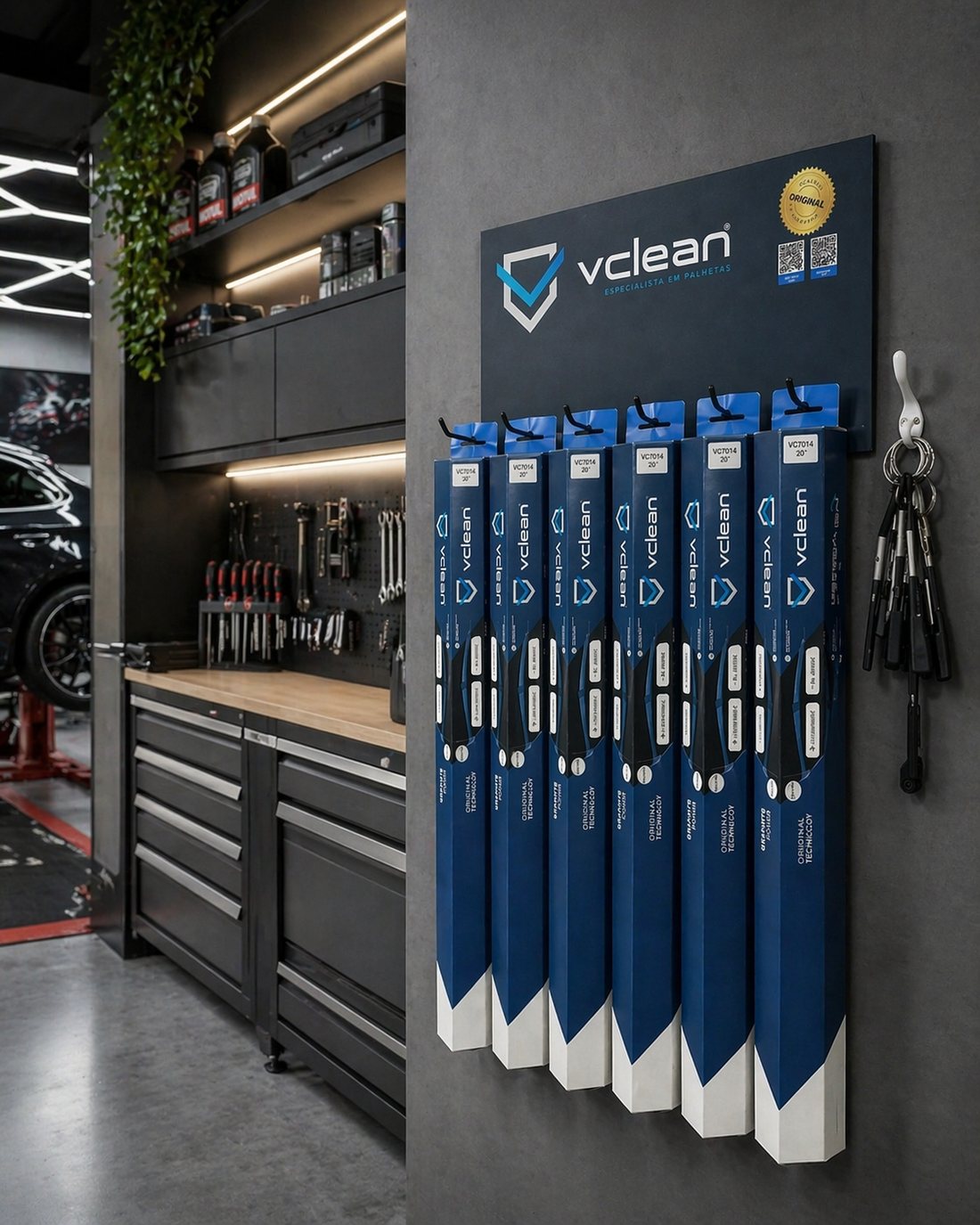 Expositor de parede VClean instalado em oficina, com palhetas organizadas por linha e selo de produto original